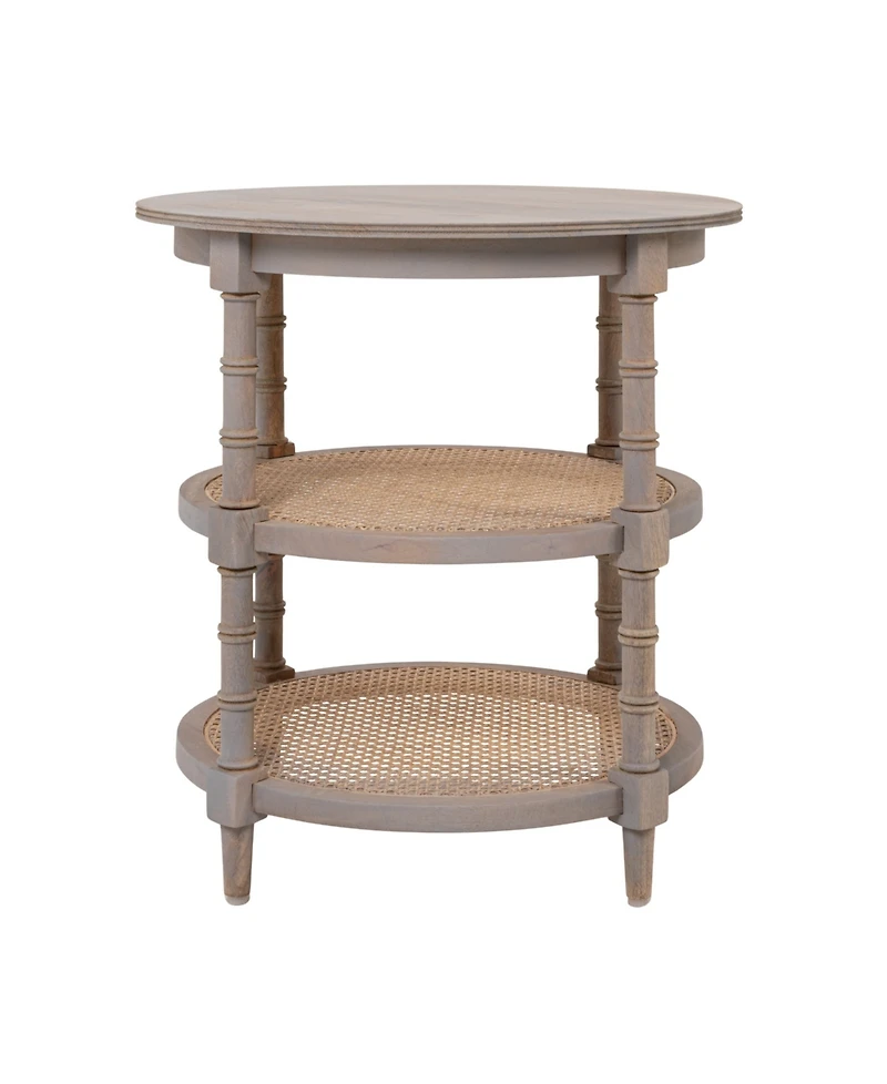 Storied Home 23" Wood Round End Table with 2-Woven Cane Shelves