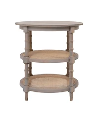 Storied Home 23" Wood Round End Table with 2-Woven Cane Shelves