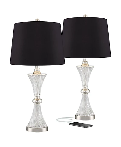 Regency Hill Luca Modern Table Lamps 25 1/2" High Set of 2 Clear Glass with Usb Charging Port Faux Silk Shade for Bedroom Living Room Home Desk