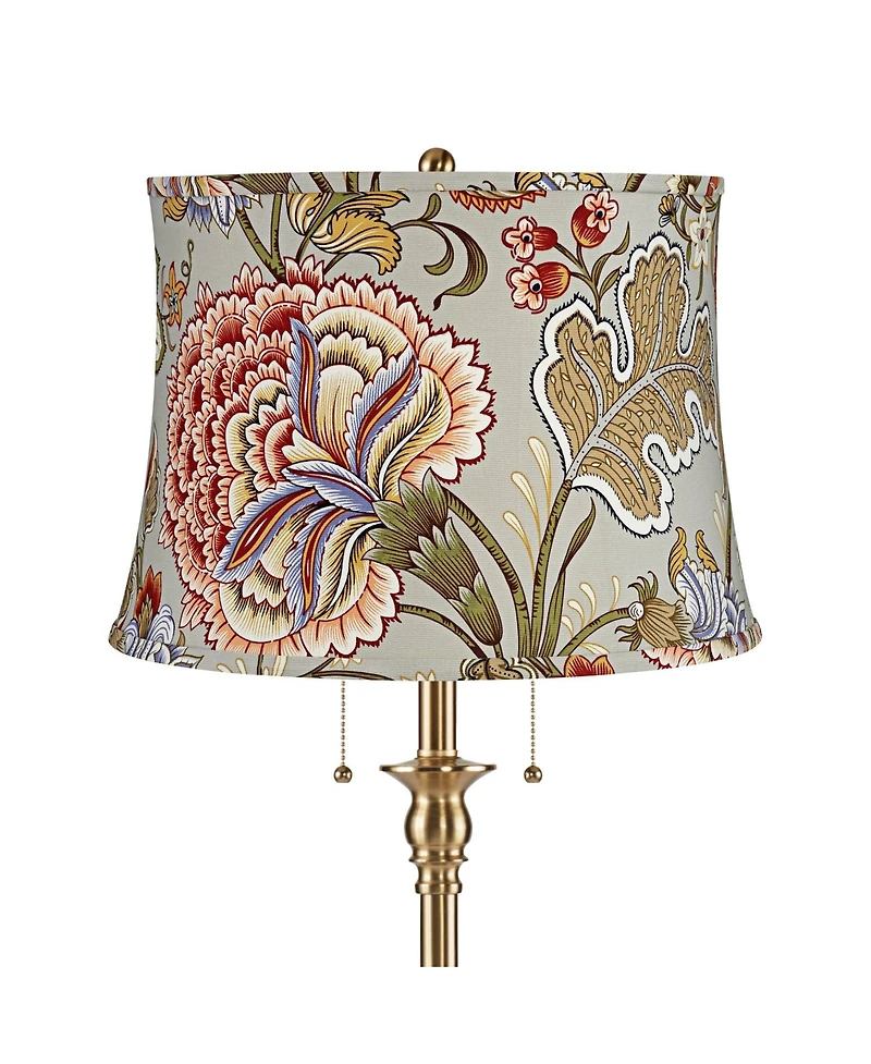 360 Lighting Dyna Traditional 58" Tall 2-Light Standing Floor Lamp Pull Chain Antique Brass Finish Drum Sage Floral Shade