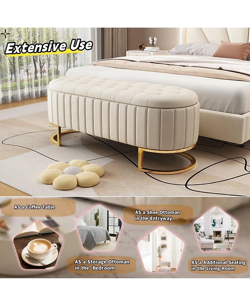 Rainsken Velvet Upholstered Storage Ottoman with Button Tufting and Metal Legs