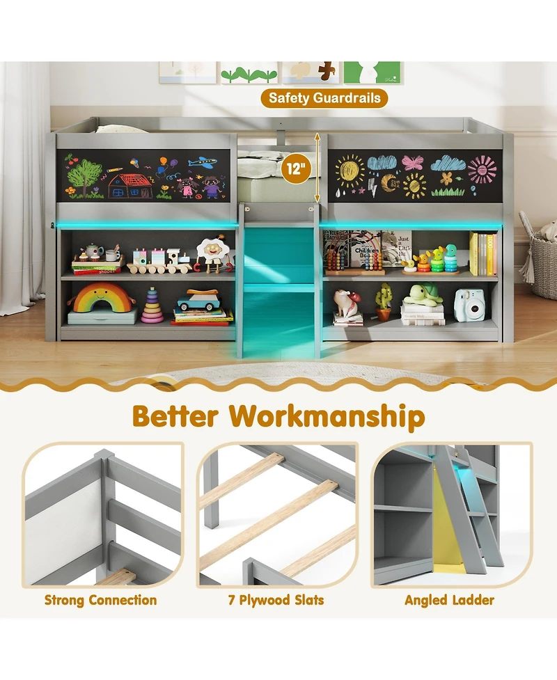 Gouun Low Loft Bed with Led Lights Kid's Cabin Bed with Bookcases