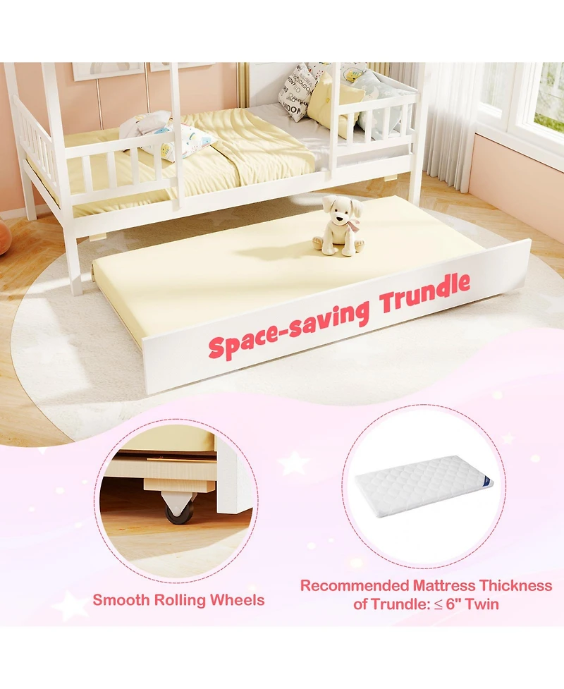 Gouun House Bed with Trundle Kids Platform Bed with Roof Window