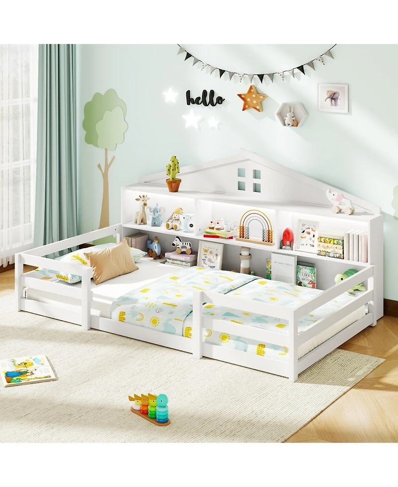 Gouun Montessori Floor Bed with Storage Compartments and Shelf
