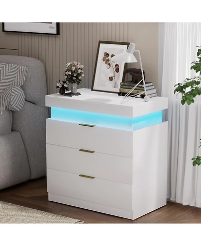 Flynama Modern Nightstand with Storage Space and Led Light Glass Top Jewelry Storage Bedside Table