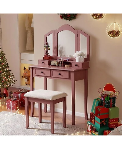 Flynama Modern Standard Led Vanity Table with Basic Mirror Classic and Cushioned Stool Makeup