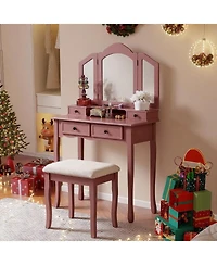 Flynama Modern Standard Led Vanity Table with Basic Mirror Classic and Cushioned Stool Makeup