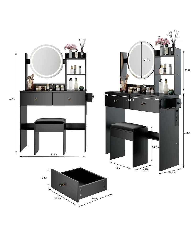 Flynama Modern Large Capacity Led Vanity Table with Basic Mirror and Cushioned Stool Makeup
