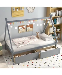Gouun Twin Size Wooden Tent Platform House Bed with 2 Drawers
