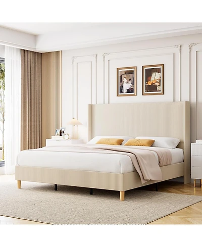 gaomon Corduroy Upholstered Bed Frame Vertical Stripe Wingback Headboard No Box Spring Wooden Slats Noise-Free Design