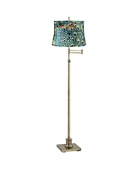 360 Lighting Swing Arm Floor Lamp Adjustable Height 70" Tall Antique Brass Peacock Print Drum Shade Living Room Reading Bedroom