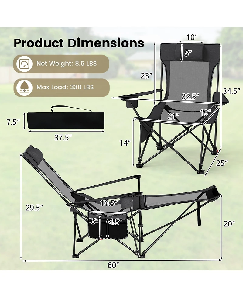 Gymax Camping Lounge Chair w/Detachable Footrest 4-position Backrest Carrying Bag