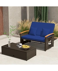 Gymax Outdoor Wicker Daybed Patio Loveseat and Storage Ottoman Set w/ Navy Cushions