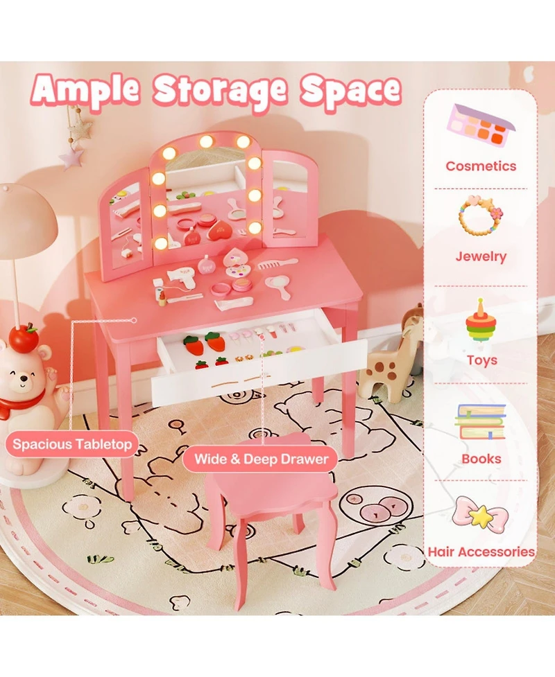 Gouun 2-in-1 Kids Vanity Table Set with Tri-Folding Detachable Mirror and Led Lights