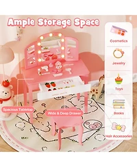 Gouun 2-in-1 Kids Vanity Table Set with Tri-Folding Detachable Mirror and Led Lights