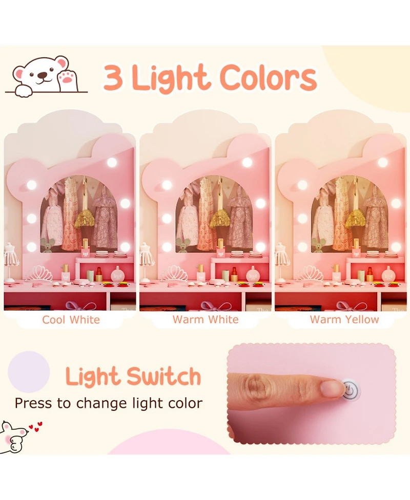 Gouun Kids Vanity with Lights and 5 Drawers Bear Design Dressing Table Set