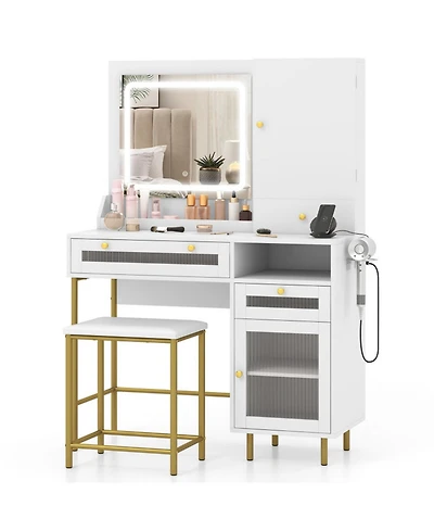 Gouun Modern Makeup Vanity Desk with Lighted Mirror Jewelry Cabinet and Stool Set