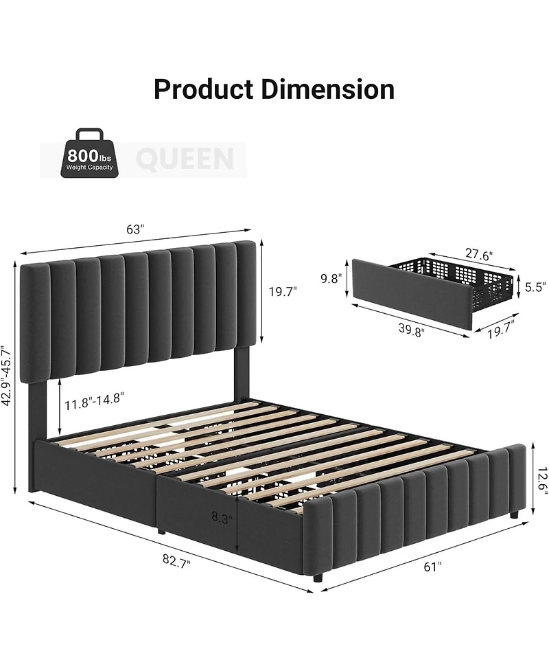 gaomon Upholstered Bed Frame 4 Storage Drawers Adjustable Headboard Wooden Slats Support No Box Spring