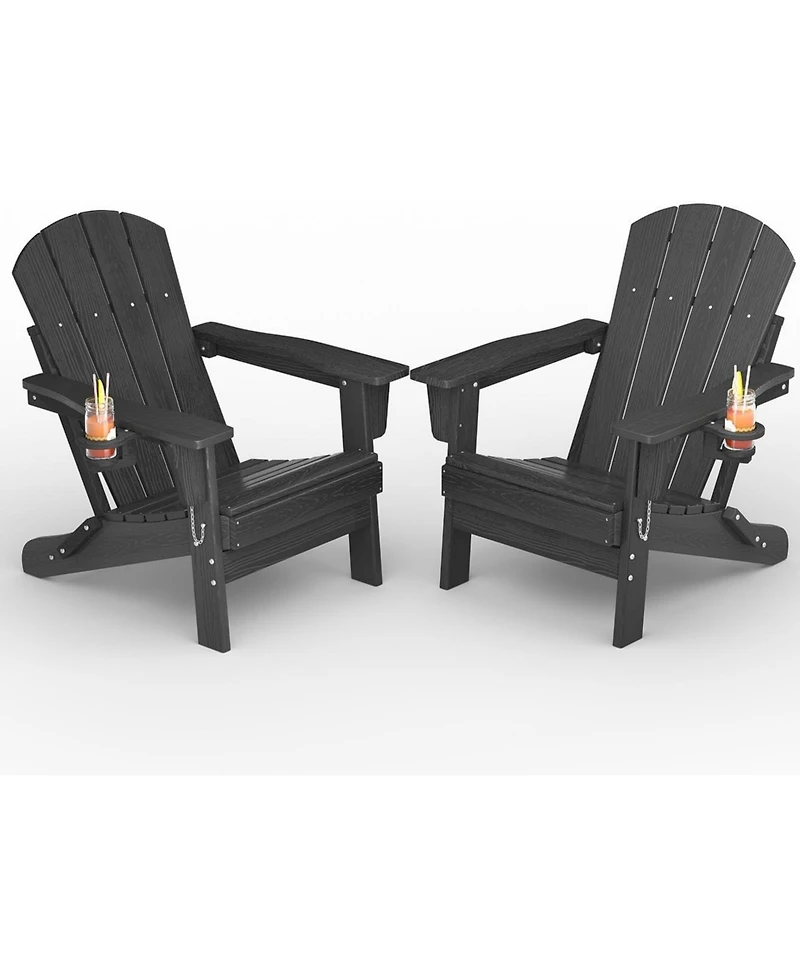 gaomon Folding Adirondack Chair Set of 2, All-Weather Hdpe Outdoor Chair, Wooden Textured with Cup Holder for patios, Decks, Gardens, fire pits