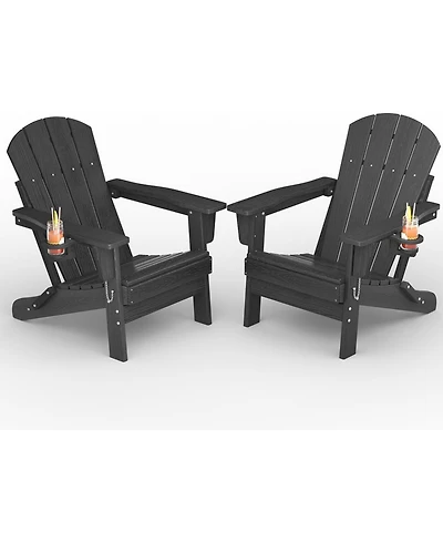 gaomon Folding Adirondack Chair Set of 2, All-Weather Hdpe Outdoor Chair, Wooden Textured with Cup Holder for patios, Decks, Gardens, fire pits