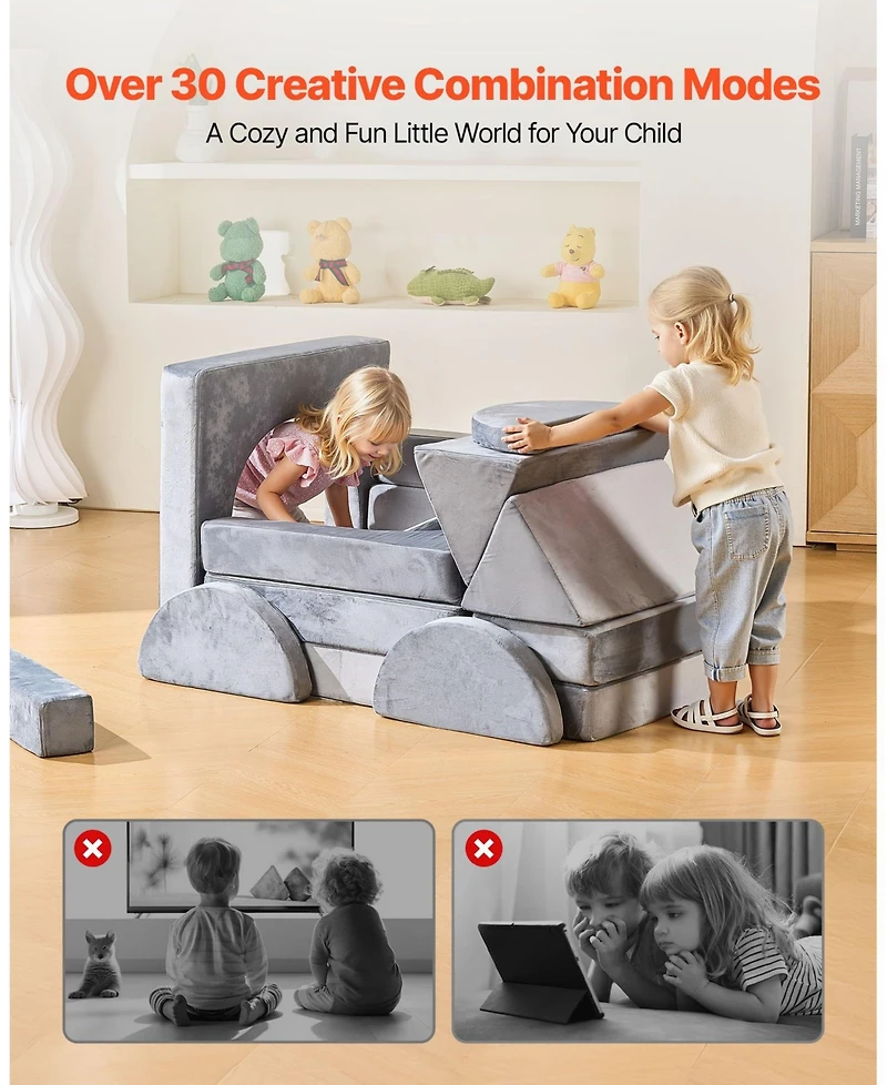 Gouun 14-Piece Modular Kids Play Couch with Armrests, Convertible Sectional Toddler Sofa