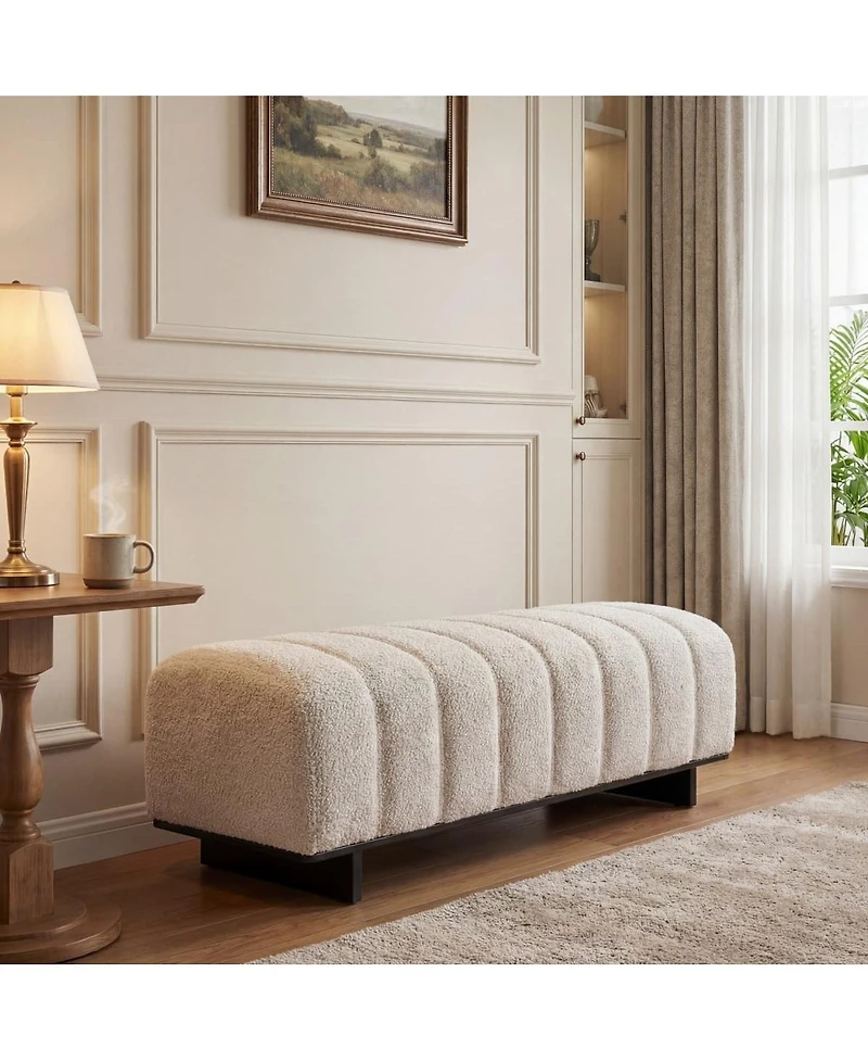 Maison Boucle 63.62" Sherpa Boucle Upholstered Bench, Rubberwood Legs