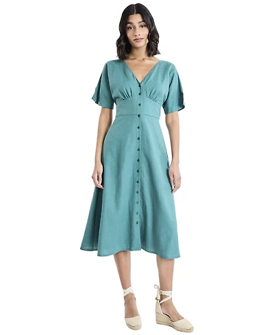 Maggy London Women's Button-Front V-Neck Midi Dress