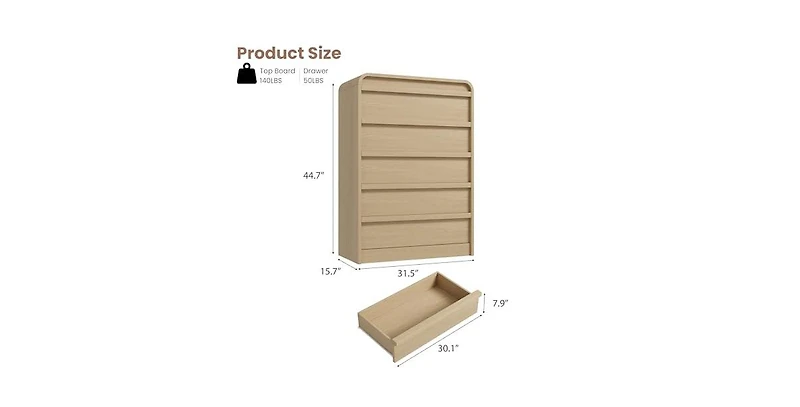 gaomon Arched 5 Drawer Dresser for Bedroom, 45in Tall Wooden 5 Chest of Drawers with Curved Profile Design