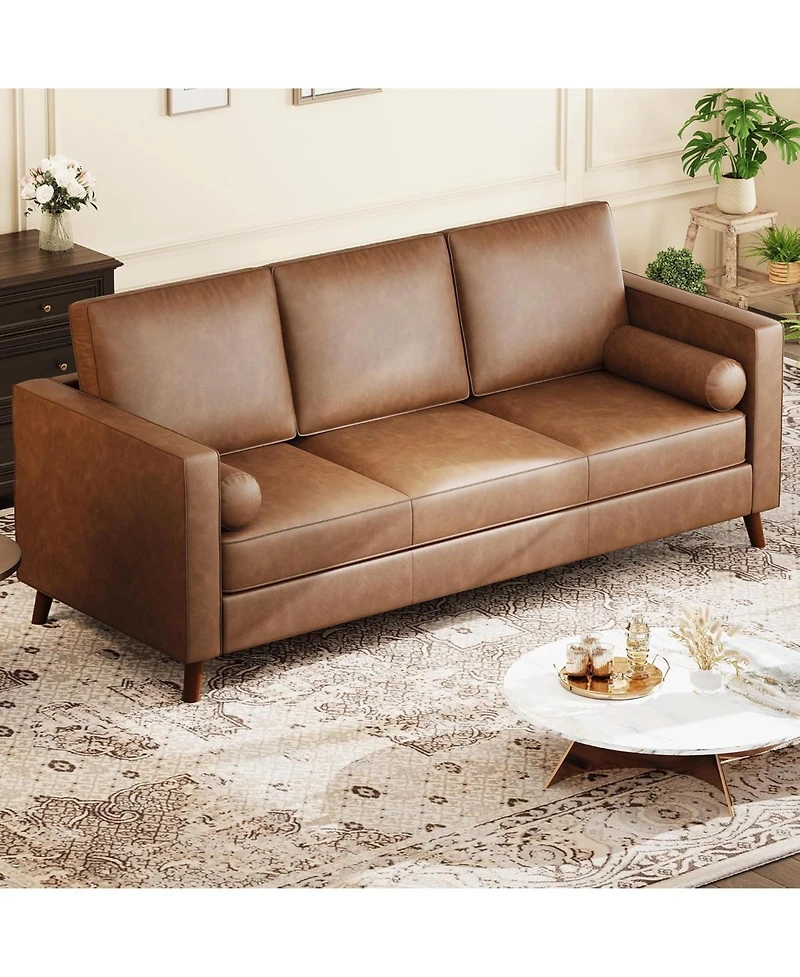 gaomon 81" Faux Leather Sofa, Mid-Century Modern 3-Seater Couch with Deep Seat and Removable Cover