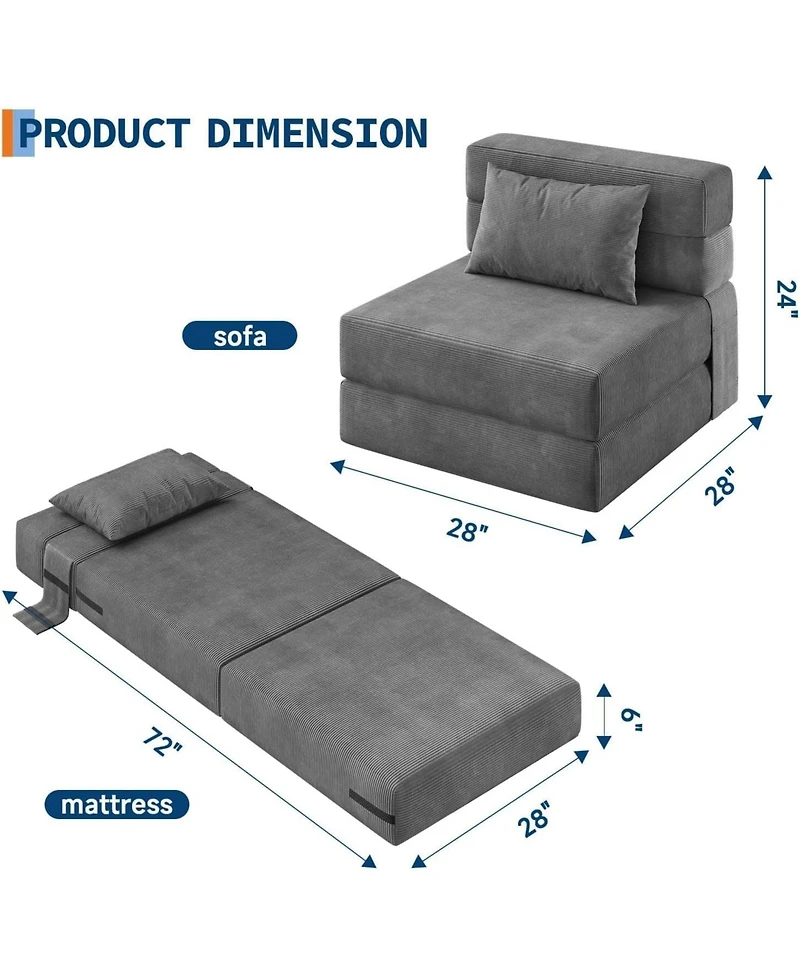 gaomon 72" Folding Sofa Bed, Convertible Futon Couch with Pillow, Linen Fabric Sleeper Chair