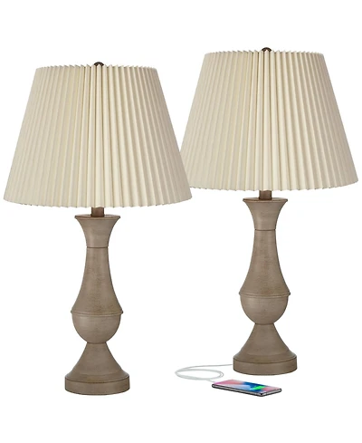 Regency Hill Avery Traditional Table Lamps 25" High Set of 2 Faux Wood with Usb Charging Port Led Touch On Off for Living Room Home Desk