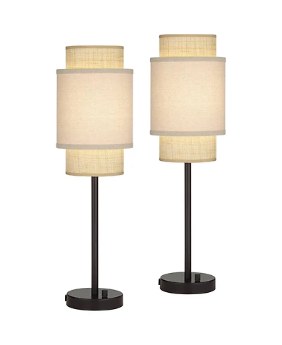 360 Lighting Tull 27" Tall Modern Table Lamps Set of 2 Usb Port Ac Power Outlet Living Room Charging Tan Tiered Shade