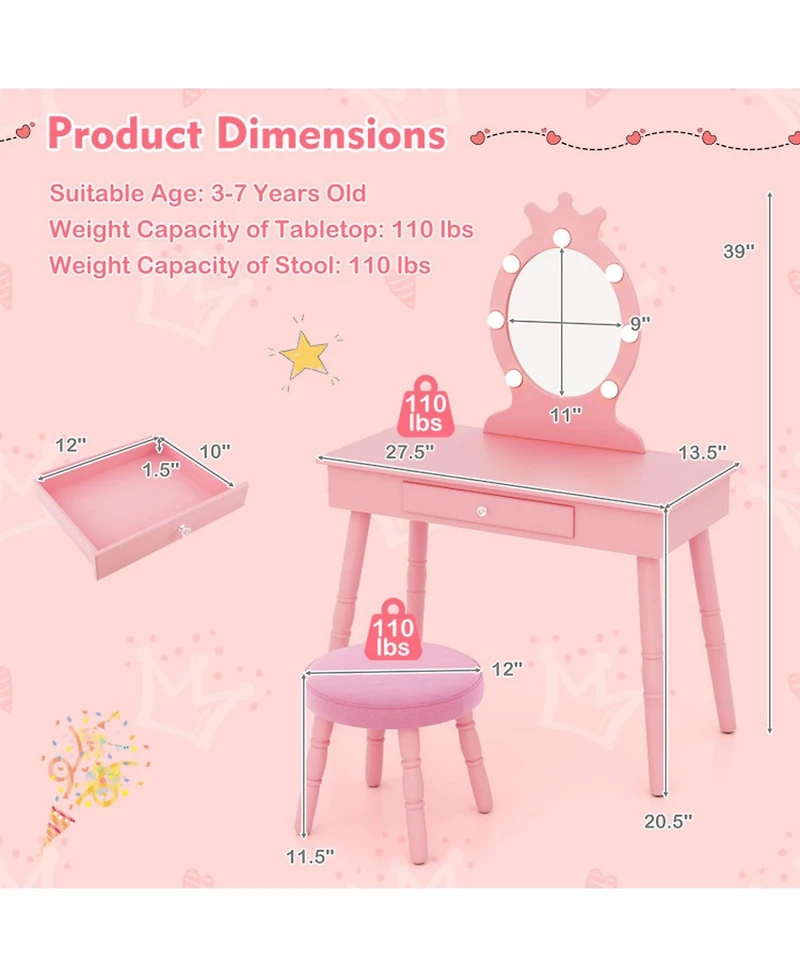 Gouun Kids Vanity Set with Led Lighted Mirror and Adjustable Brightness