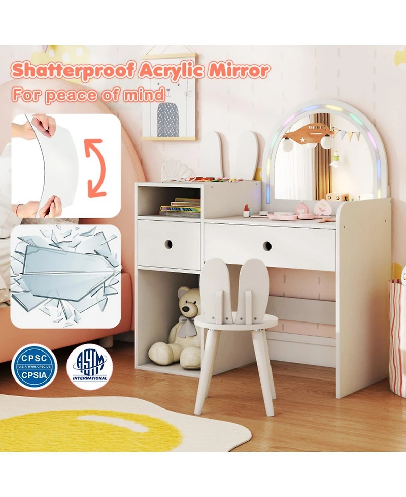 Gouun Kids Vanity Desk and Chair Set with Colorful Lights and Open Shelves