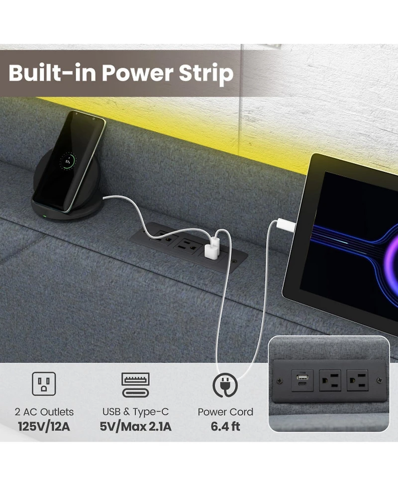 Gouun Queen Metal and Wood Bed Frame with Led Lights and Charging Station