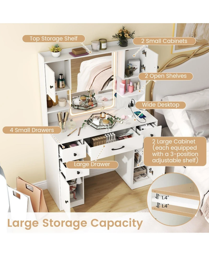 Gouun Makeup Vanity Desk with Led Lighted Mirror and Built-In Charging Station