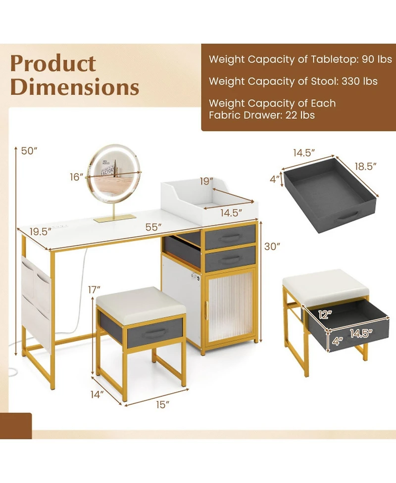Gouun 55 in Vanity Desk with Rotatable Lighted Mirror and Fabric Drawers