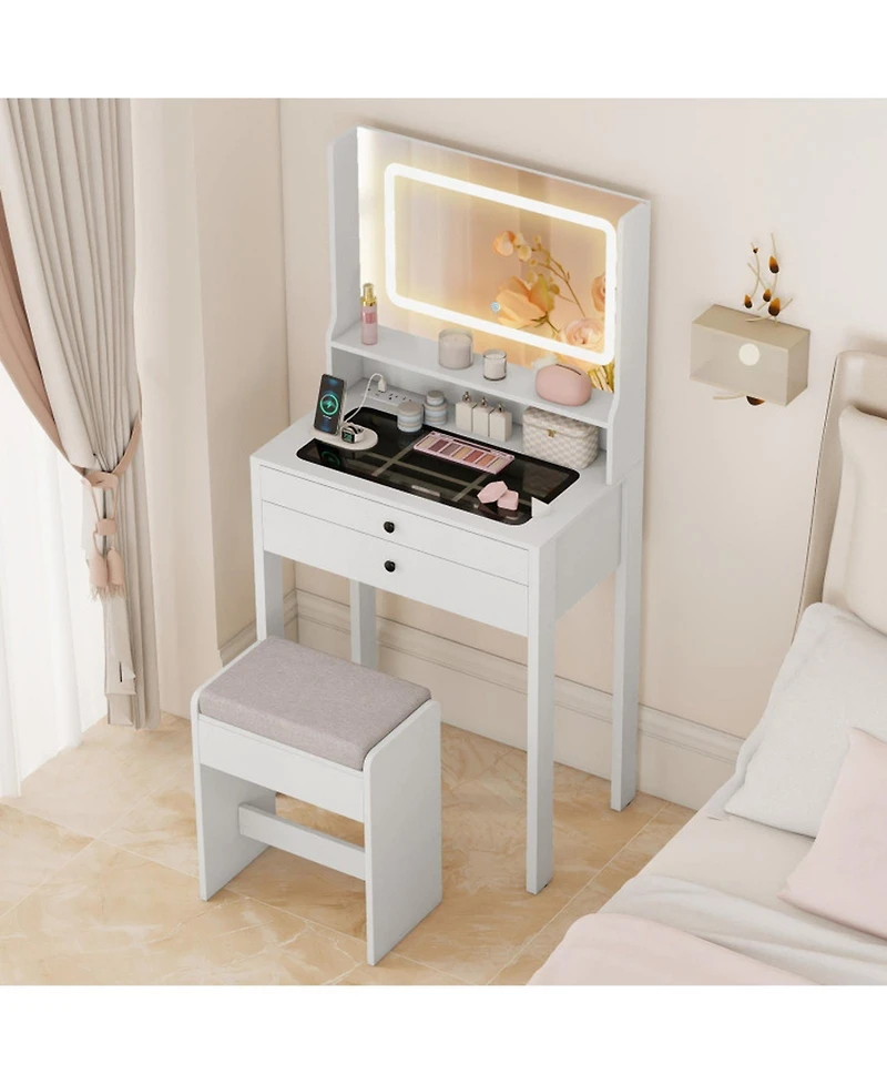 Gouun Small Vanity Desk with Lighted Mirror and Stool Set for Bedroom