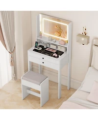 Gouun Small Vanity Desk with Lighted Mirror and Stool Set for Bedroom