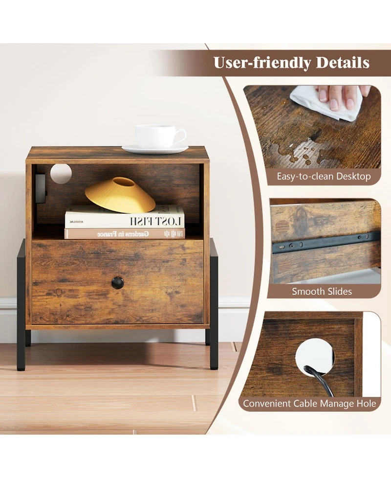 Gouun Nightstand with Charging Station Drawer and Open Compartment