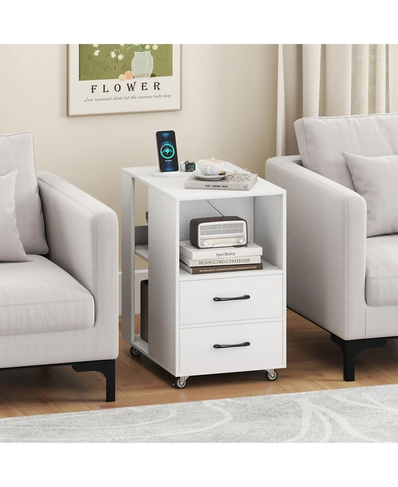 Gouun End Table with Built-In Charging Station, 2 Drawers and Locking Wheels