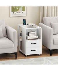 Gouun End Table with Built-In Charging Station, 2 Drawers and Locking Wheels