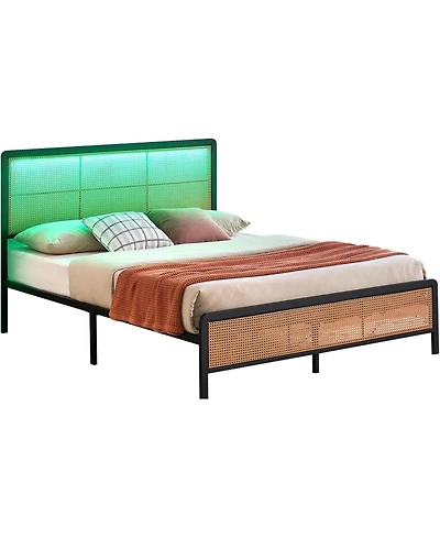 gaomon Bed Frame Rgb Led Lights Boho Metal Headboard Footboard Steel Slats Noise Free No Box Spring