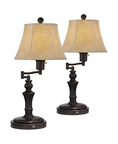 Regency Hill Traditional Swing Arm Desk Table Lamps 21.75" High Set of 2 with Usb Port Bronze Metal Faux Leather Shade for Living Room Bedroom