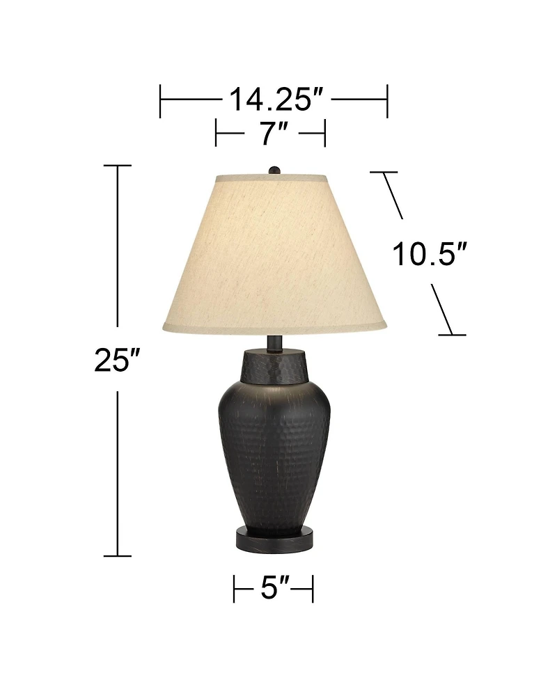 Regency Hill Auburn Rustic Farmhouse Table Lamp 25" High Bronze Hammered with Table Top Dimmer Natural Linen Empire Shade for Bedroom Living Room
