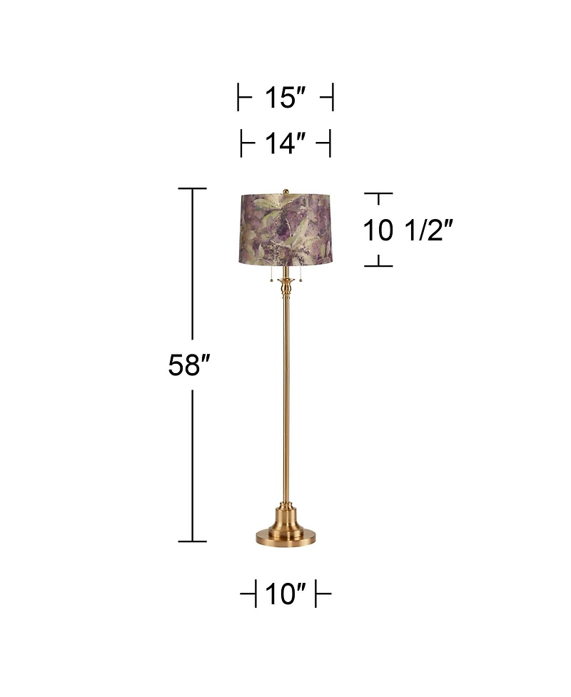 360 Lighting Dyna Traditional 58" Tall 2-Light Standing Floor Lamp Pull Chain Gold Antique Brass Finish Drum Botanical Leaf Shade