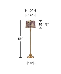 360 Lighting Dyna Traditional 58" Tall 2-Light Standing Floor Lamp Pull Chain Gold Antique Brass Finish Drum Botanical Leaf Shade