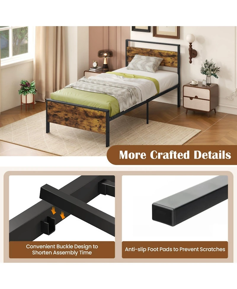 Gouun Twin Metal and Wood Platform Bed Frame with Headboard and Industrial Design