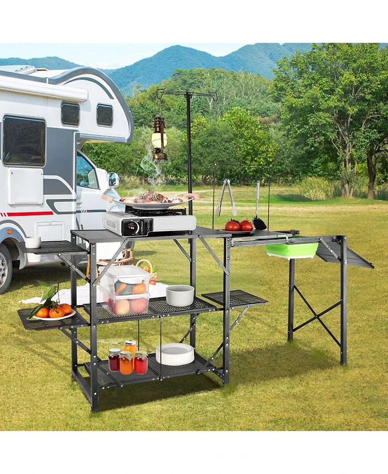 Gouun Folding Camping Kitchen Table with Sink Side Tables and Storage Shelves