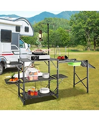 Gouun Folding Camping Kitchen Table with Sink Side Tables and Storage Shelves